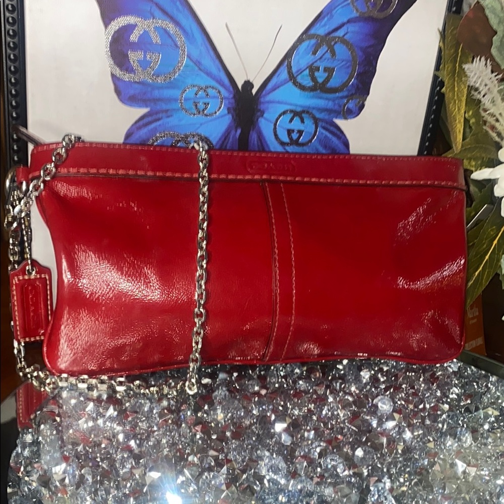 Coach Red patent Leather Clutch with Chain Strap